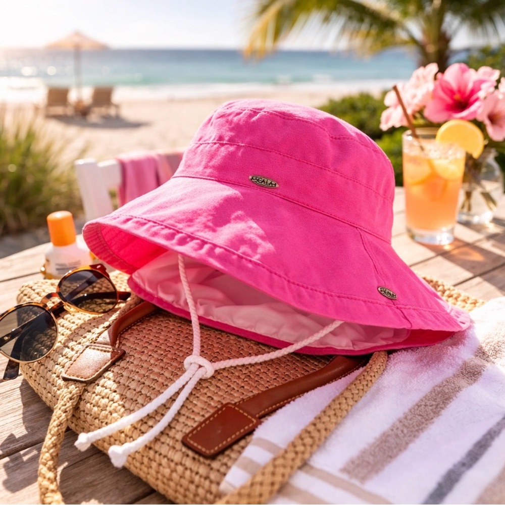 Scala Pink Sun Hat XS/S Wide Brim Chin Strap Summer Hat